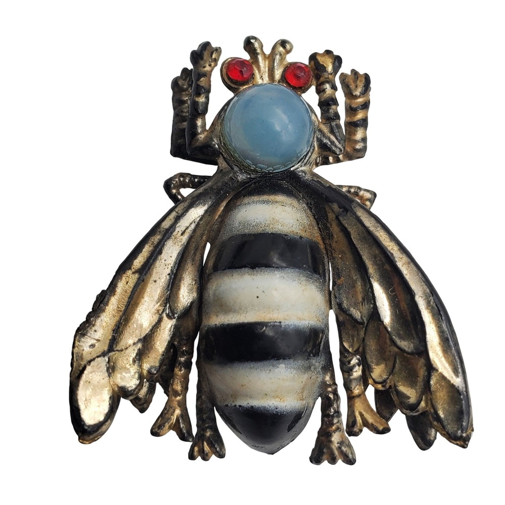 Bee Brooch Gold Tone Black White Blue Cabochon Red Eyes Insect Early Plastic Pin